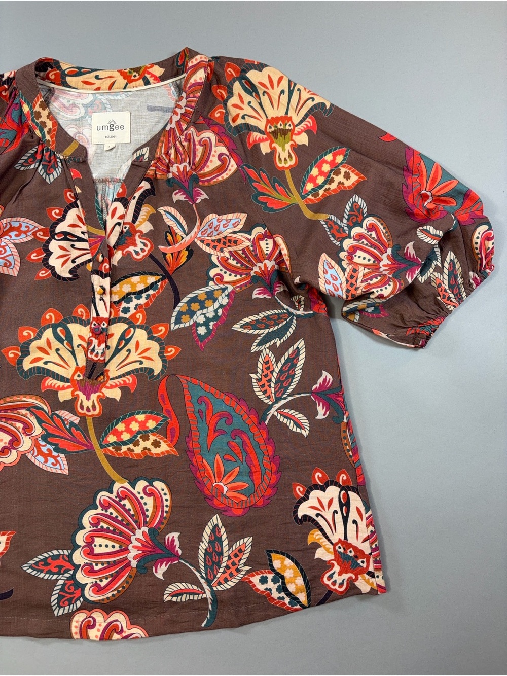 Umgee Brown Floral Paisley Boho Tunic Peasant Blouse Buttons 3/4 Balloon Sleeve